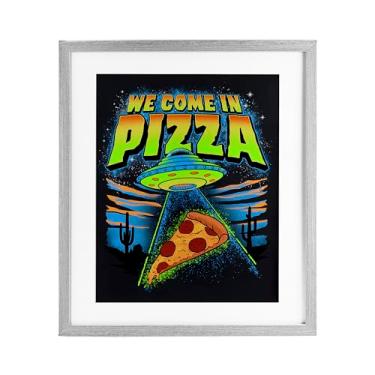 Imagem de Stupell Industries Impressão emoldurada cinza We Come In Pizza Aliens design sob vidro por Jedco Brands, Inc., 16 x 13
