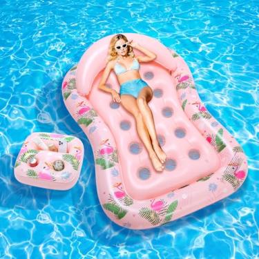 Imagem de MoKo Tapete insuflável para piscina, 185 x 127 cm flutuante insuflável piscina grande com apoio de cabeça removível e suporte de bebidas, rede flutuante piscina para adultos brinquedos piscina praia
