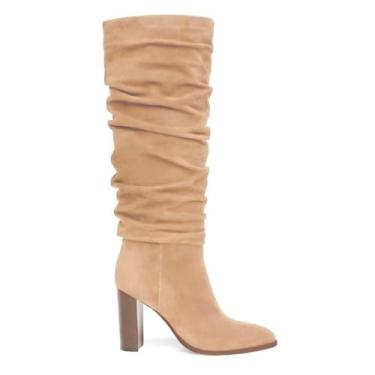 Imagem de Erocalli Botas de cano alto femininas cano alto grosso salto alto despojado bico fino zíper lateral longo, 1 damasco, 38