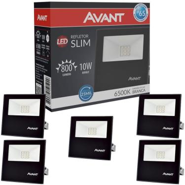 Imagem de Kit 5 Refletor Led Holofote Avant 10W Luz Branco Frio 6500k 750 Lúmens Slim10 Resist Chuva IP65 Biv