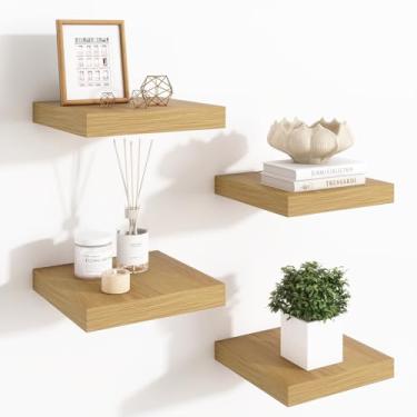 Imagem de Fun Memories Prateleiras flutuantes para parede – Prateleiras quadradas de 19 cm com suportes invisíveis, prateleira de parede pequena de carvalho para sala de estar, banheiro, quarto e decoração de