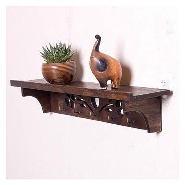 Imagem de Prateleira flutuante de madeira maciça, prateleiras montadas na parede com ganchos, prateleiras de parede, prateleiras de armazenamento decorativas modernas para entrada, banheiro, quarto, escritório
