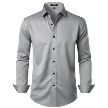 Imagem de Camisa social JEMITOP Wrinkle Free Stretch de manga comprida cinza XXL