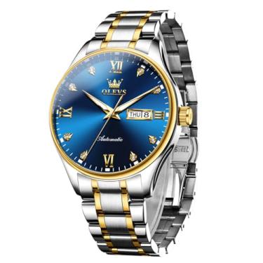 Imagem de OLEVS Relógio automático masculino com corda automática, relógio analógico, impermeável, luminoso, sem bateria, relógio mecânico masculino azul