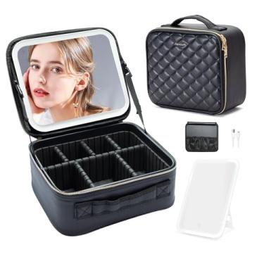 Imagem de Gdsshuhung Bolsa de maquiagem para viagem – Estojo de maquiagem grande com divisórias ajustáveis, organizador de cosméticos portátil com suporte de pincel para mulheres e maquiadores, Grade preta