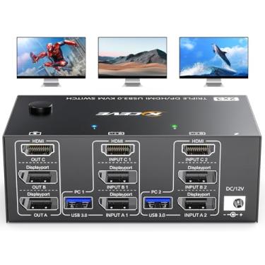 Imagem de KVM Switch 3 Monitores 2 Computadores 8K@60Hz 4K@144Hz, 2 Displayports + HDMI USB3.0 KVM Switch Triple Monitor com 4 Portos USB 3.0 para Teclado Rato, Remoto com fio e 5 Cabos Incluídos
