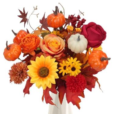 Imagem de MHMJON Flores de outono artificiais de 50 cm para decoração de rosas de outono, girassol, abóbora, folhas de bordo, arranjos de flores de seda para decoração de Ação de Graças, peça central de mesa de
