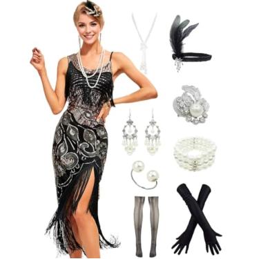 Imagem de Vestido feminino estilo melindrosa, estilo anos 20, Gatsby, com franjas, vestido de coquetel para dança e dança com conjunto de acessórios anos 20, Style B Black Silver, Medium
