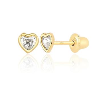 Imagem de Par De Brincos De Coração Pedra 3mm Ouro 18k 750 Infantil Branco Trans