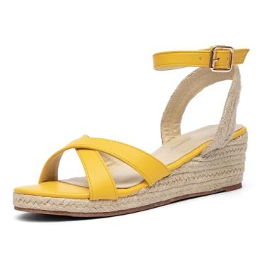 Imagem de getmorebeauty Sandália feminina de alpargatas com salto alto e plataforma com fivela aberta e elástica, Amarelo, 37