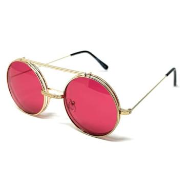 Imagem de Óculos de sol redondos dobráveis vintage estilo punk vapor, armação de metal, espelho Revo ou lentes de cor sólida, design clássico, Dourado, rosa escuro, G
