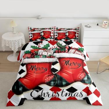 Imagem de Feelyou Conjunto de edredom solteiro com desenho animado Feliz Natal, para crianças, meninos, meninas, decoração de quarto de inverno, microfibra, 2 peças com 1 fronha