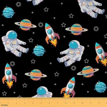 Imagem de Tecido de desenho animado astronauta da The Yard, tecido de estofamento infantil meninos Rocket Planet, pano decorativo galáxia de estrelas pontos para estofamento, preto cinza azul artesanato e