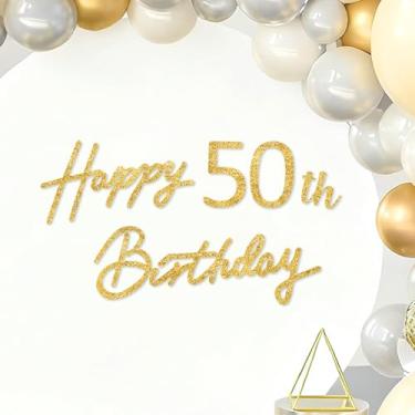 Imagem de TONIFUL Placa de feliz aniversário - Faixa de feltro dourada com glitter - Inclui cola de bolinhas - perfeita para pano de fundo de festa de 50 anos, decoração de parede de 50 anos
