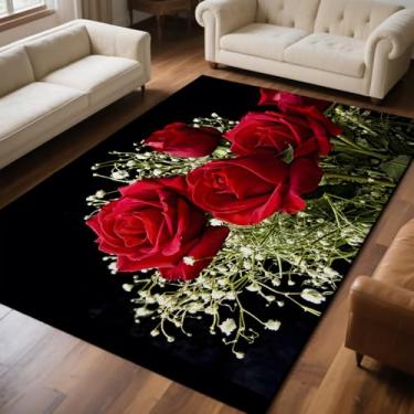 Imagem de Tapete floral moderno macio antiderrapante lavável tapete de área de pilha baixa para quarto, sala de estar, entradas 1,7 x 1,8 m tapete pequeno (rosa vermelha)