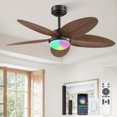 Imagem de Fanbulous Ventiladores de teto tropicais com luzes e controle remoto/aplicativo, ventilador de teto de folha de palmeira de 106 cm com luz regulável RGB, ventilador de teto moderno silencioso para