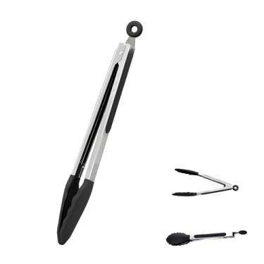 Imagem de Pegador Alimentos Em Silicone Com Cabo Em Inox Com Tira Antiderrapante 27,5cm Para Saladas Churrasco AirFryer Frituras Multifuncional (Preto)