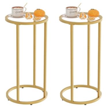 Imagem de Easy Paws Mesa lateral C, mesa lateral de sofá de vidro para sala de estar, mesa de canto redonda de sofá com moldura de metal, pequena mesa de lanche para quarto, espaços pequenos, fácil montagem