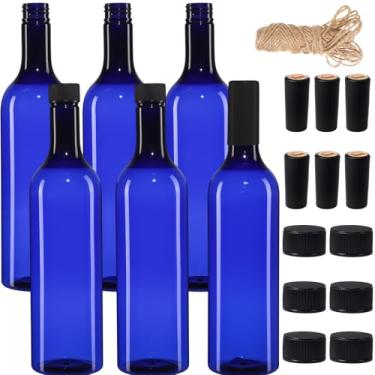 Imagem de Potchen Pacote com 6 garrafas de vinho de plástico vazias estilo bordeaux azul 750 ml com tampa de rosca de barbante de juta e tampas de cápsulas retráteis para licor claret, suco de champanhe