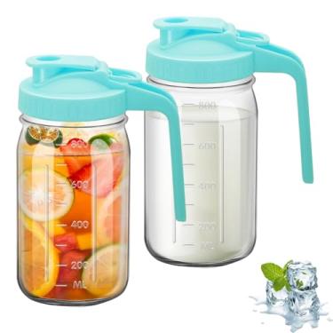 Imagem de Jarra de vidro com 2 peças, jarro de vidro de 947 ml com tampa dupla à prova de vazamento com alça, jarro de água de boca larga, recipiente de geladeira para água, suco (2, azul)