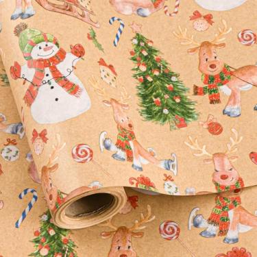 Imagem de Burymento Papel de embrulho de Natal, rena Kraft, boneco de neve, papel de embrulho de presente com design de árvore de Natal, mini rolo (43 cm x 32,8 pés)