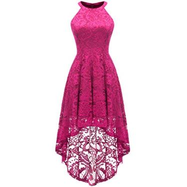 Imagem de Dressystar Vestido feminino de renda frente única para convidada de casamento Hi-Lo coquetel festa dama de honra vestidos formais, rosa, M