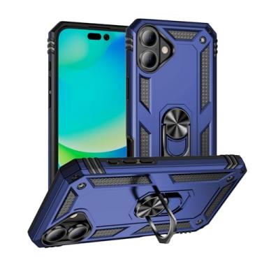 Imagem de SORAKA Capa para iPhone 16 Plus com suporte de anel, capa protetora para iPhone 16 Plus, capa traseira de policarbonato rígido com placa de metal para suporte magnético de telefone carro azul
