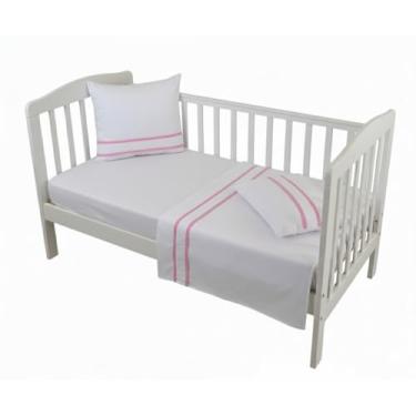 Imagem de Kit Berço Bebê 5 pçs Percal 100% Algodão 1 Lençol c Elástico 1 Lençol de cima 2 Fronhas 1 Travesseiro Cheio (Viés Rosa Bebê, Pequeno de solteiro)
