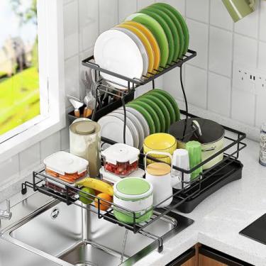 Imagem de Escorredor de louça expansível – Sistema de escorredor de pratos ajustável de uma ou 2 camadas, escorredor de pratos duplo, grande capacidade, escorredor de pratos de aço inoxidável antiferrugem 2 em