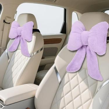 Imagem de iHUFeather Pacote com 2 almofadas de encosto de cabeça de carro de pelúcia para viagem, dirigir, escritório, cadeira, almofadas, também acessórios fofos para decoração de carro (roxo)