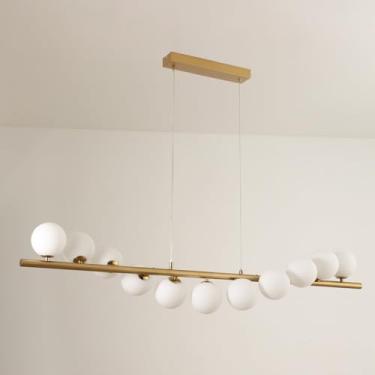 Imagem de Lustre de globo de vidro, lustres lineares Sputnik de 11 luzes com globo de vidro branco leite pendente para sala de jantar e ilha de cozinha, luminária de meados do século sobre a mesa