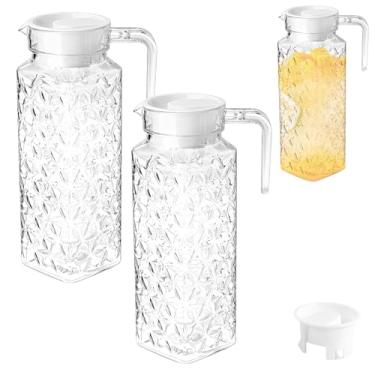 Imagem de Pacote com 2 jarras de plástico com design canelado, sem BPA, transparente com tampa, jarra de água de plástico com tampa ventilada, jarra de geladeira para água quente, gelo, chá, café, leite, pote