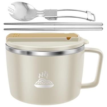 Imagem de ZLHETWT Tigela de macarrão para escritório, tigela de macarrão de aço inoxidável, tigela dupla vazada de ramen, sopa de macarrão de galinha, copo de macarrão instantâneo de grande capacidade de 1200