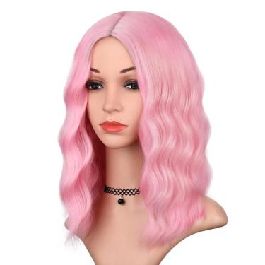 Imagem de Peruca BEAUTIFA Pink Wavy Curly Bob 35 cm, resistente ao calor, sintét