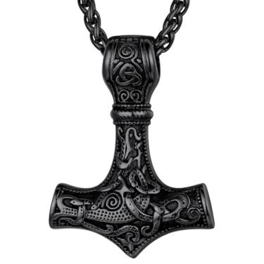 Imagem de FaithHeart Colar nórdico Viking do martelo do Thor, talismã do Thor, aço inoxidável, joia original vintage, nórdica, Viking, Vegvisir, Mjolnir, pingente de amuleto de bússola (embalagem