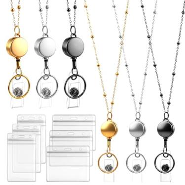 Imagem de Cordão retrátil com porta-identidade, 3 peças de cordão de aço inoxidável com contas de crachá com 6 suportes de cartão à prova d'água para enfermeiras e professores de escritório para mulheres e