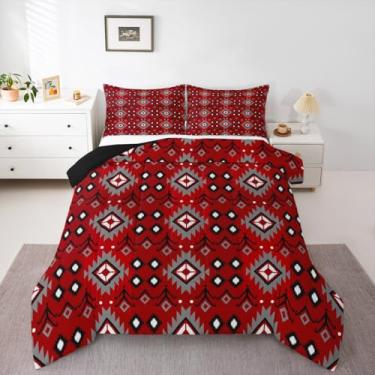 Imagem de jejeloiu Conjunto de edredom infantil boêmio para todas as estações, conjunto de cama com 2 fronhas, microfibra asteca, Queen, tribal, decoração de quarto, edredom respirável, macio e leve