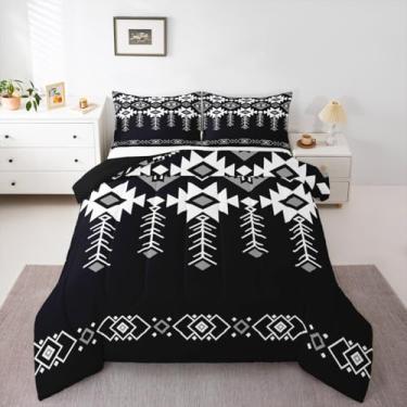 Imagem de Erosebridal Jogo de cama asteca ocidental, tamanho casal, para meninos, boêmio, sudoeste, para adolescentes, adultos, nativos americanos, vintage, étnico, rústico, geométrico, preto, branco