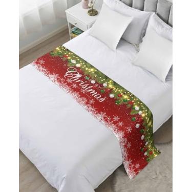 Imagem de DecorLovee Camas vermelhas de Natal para cama king size, mantas decorativas para os pés da cama, bolas de Natal coloridas floco de neve para cama corredor de cama sofá capa protetora de cachecol para