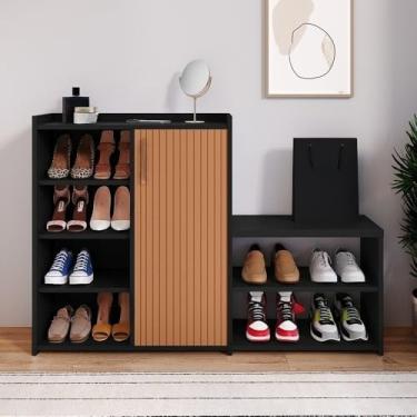 Imagem de Sapateira Banquinho 21 Pares Sapato Organizadora Prateleira Gaveta Basculante Hall De Entrada(SLIM PRETO RIPADO)