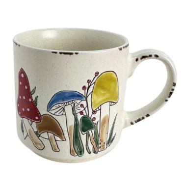 Imagem de Muujun Xícara de chá de cerâmica caneca de café para escritório e casa, caneca de cogumelo vintage colorida, pintada à mão com alças, segura para lava-louças e micro-ondas, melhores presentes para