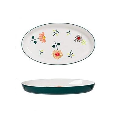 Imagem de Prato de serviço prato de jantar de cerâmica com motivos florais, prato de peixe oval grande, sobremesa personalizada, prato de lanches, seguro para micro-ondas e forno. Pratos (Cor: B, Tamanho: 2