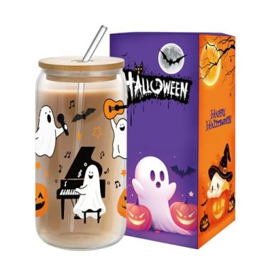 Imagem de Copos de vidro de Halloween de 473 ml com tampa e canudo - Copo de abóbora fantasma assustador e fofo copo de vidro para Halloween, xícara de café gelado de outono, para mulheres adolescentes