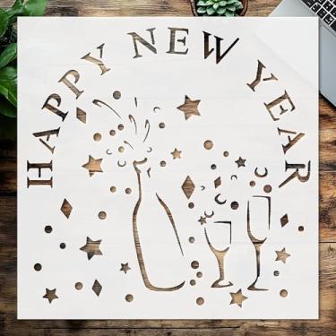 Imagem de Estêncil de feliz ano novo com taças de champanhe e vinho, modelo de plástico reutilizável de 20 x 20 cm para artesanato DIY e decoração de casa