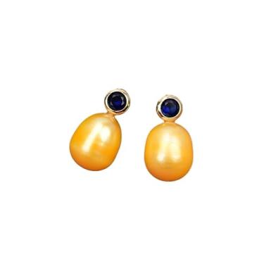 Imagem de SQGGMOAUSC Brincos de zircão pavimentado azul com borda banhada a ouro de arroz amarelo cultivado, presentes de festa, brincos de orelha pequena