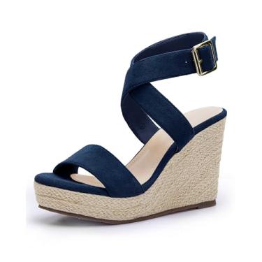 Imagem de Sandália feminina plataforma plataforma alpargata com tira no tornozelo e tira no tornozelo aberta para o verão salto alto casual, 2 - Azul-marinho, 9