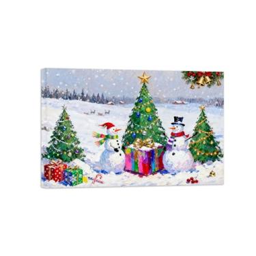 Imagem de Quadro parede Natal-Dois bonecos neve pinheiros-Pintura em tela-Pôster impressões inverno para decoração sala de estar 20x30cm Tela Embrulhada