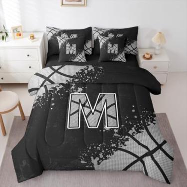 Imagem de Erosebridal Jogo de cama solteiro com letras de basquete, 7 peças, letra M, com estampa de bola, esportes, alfabeto, para crianças e adultos, preto e cinza
