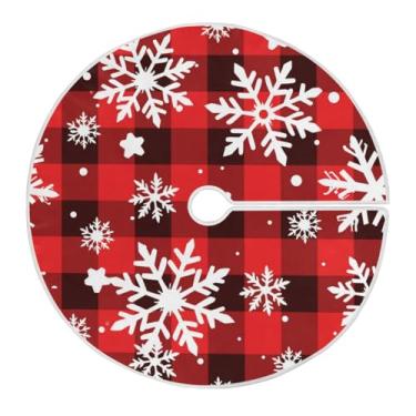 Imagem de Saia de árvore de Natal xadrez preto e branco com padrão de floco de neve de 121 cm, tapete macio para decoração de festa, decoração de férias, decorações de Natal, ambientes internos e externos