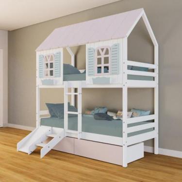 Imagem de Beliche Casinha Bela Com 2 Gavetas Rosa Kit Escada/escorregador - Made